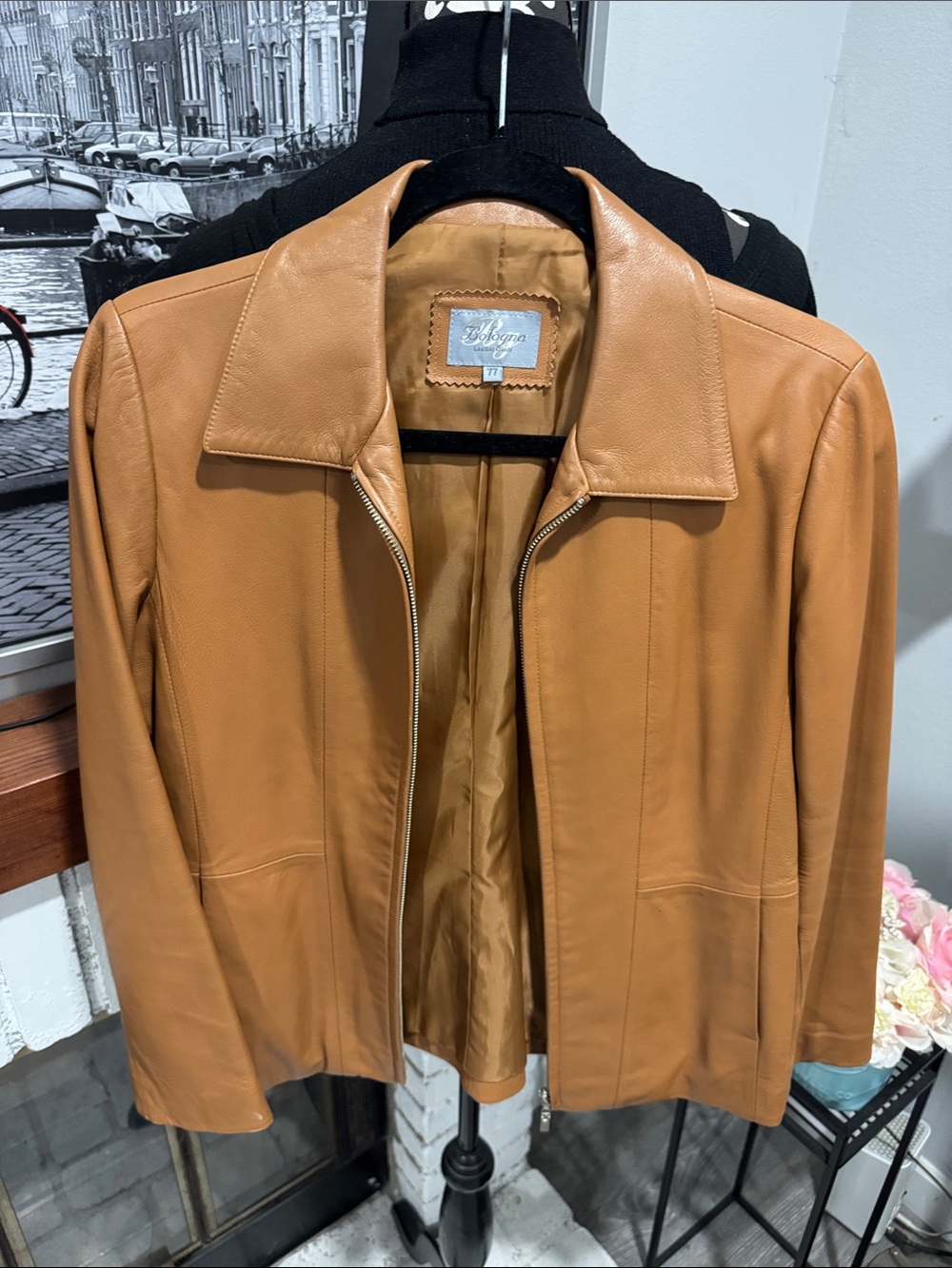 Bologna genuine leather Blazer Jacket full zip Medium Light brown tan